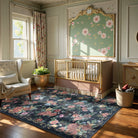 Nina Washable Romantic Vintage Floral Rose Garden Black Rug Area Rugs Lahome
