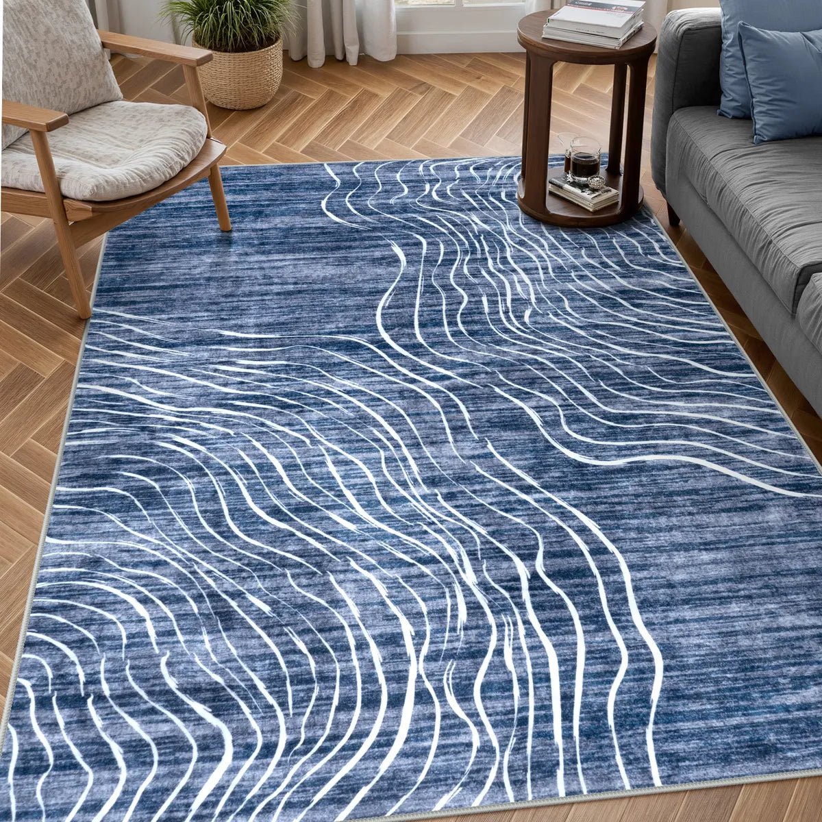 Ondel Washable Abstract Terrain Blue Rug Area Rugs Lahome 5' x 7'