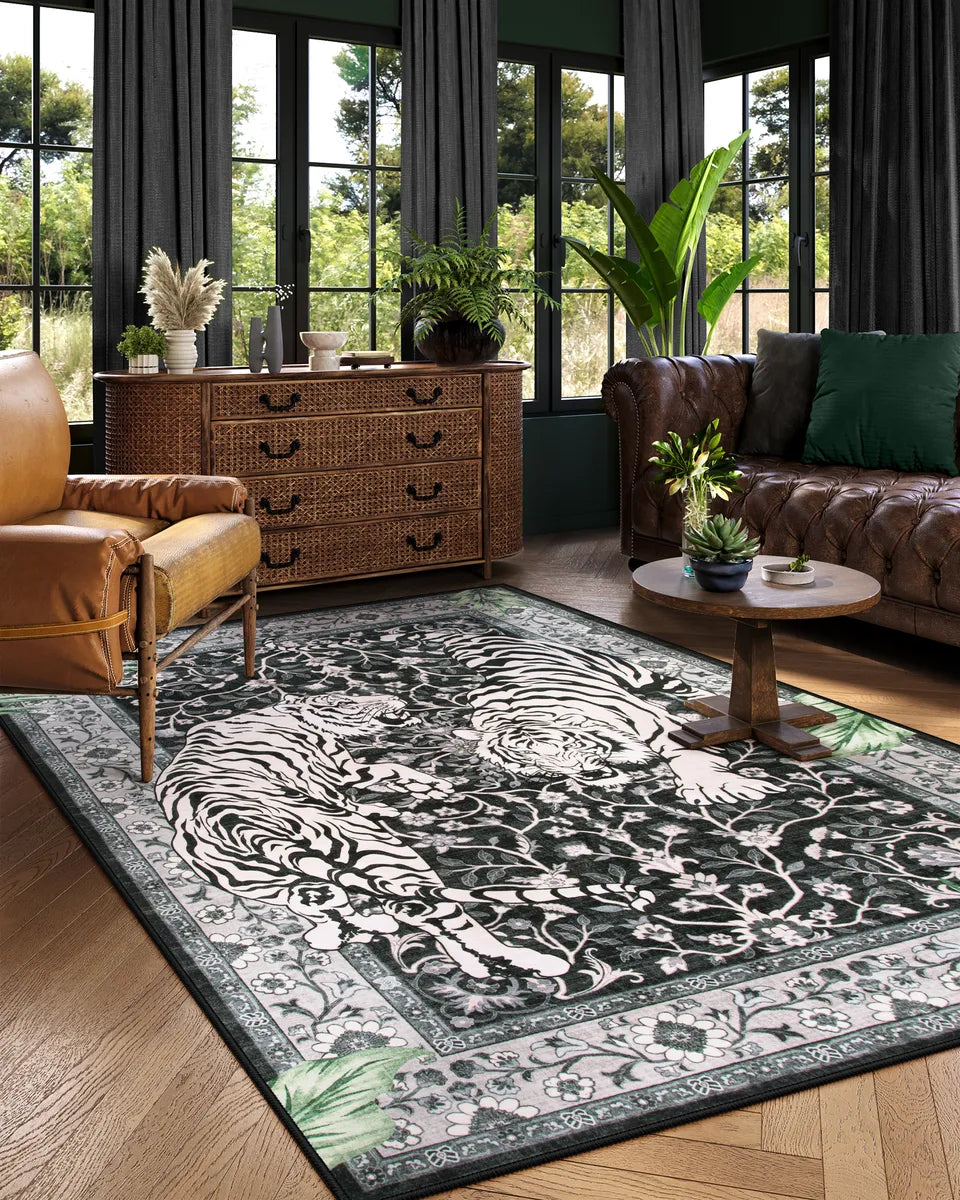 Rava Washable Wild Tiger Black Rug Area Rugs Lahome