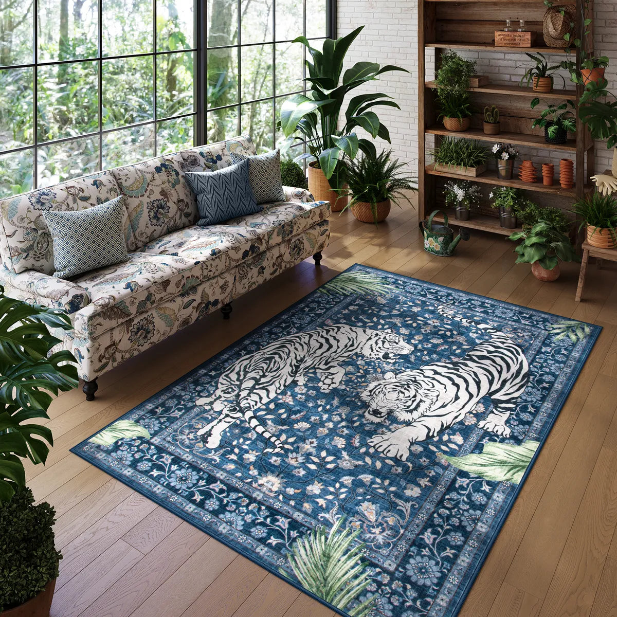 Rava Washable Wild Tiger Blue Rug Area Rugs Lahome