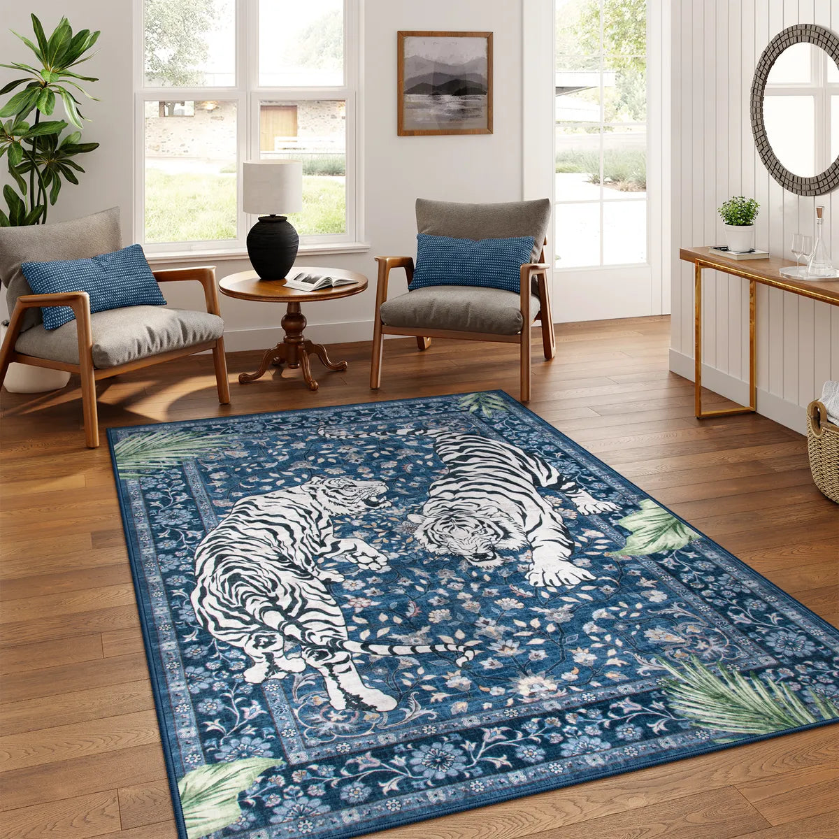 Rava Washable Wild Tiger Blue Rug Area Rugs Lahome 5' x 7'