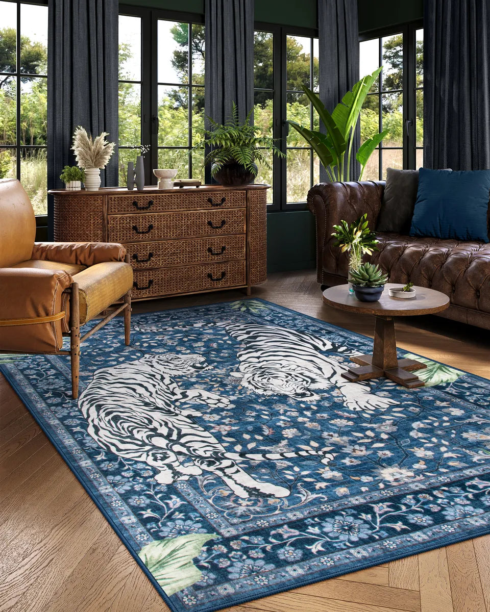 Rava Washable Wild Tiger Blue Rug Area Rugs Lahome