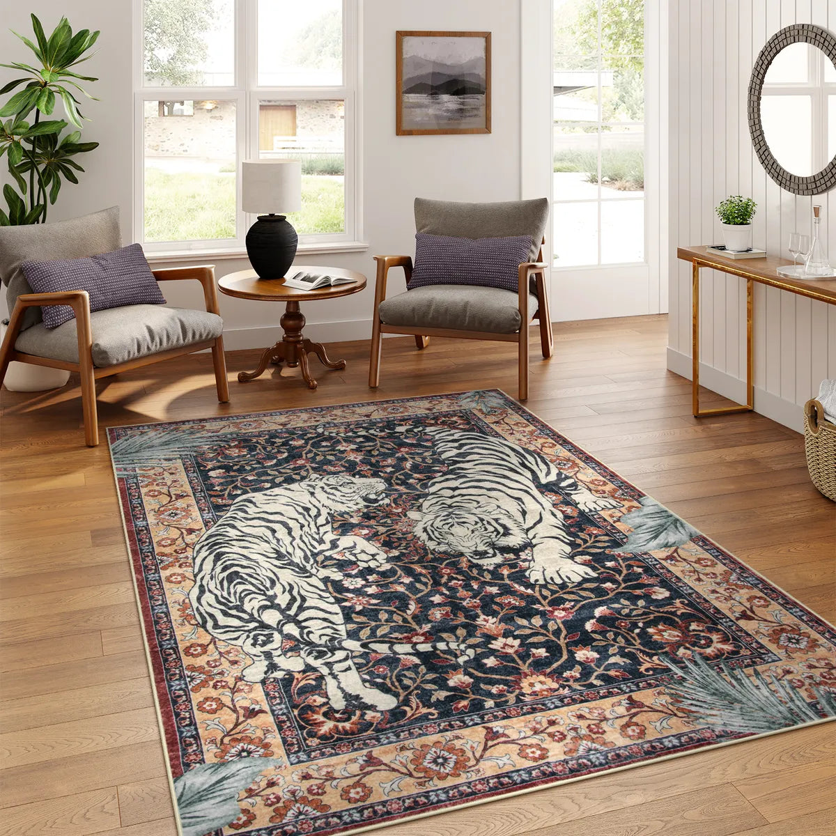 Rava Washable Wild Tiger Brown Rug Area Rugs Lahome