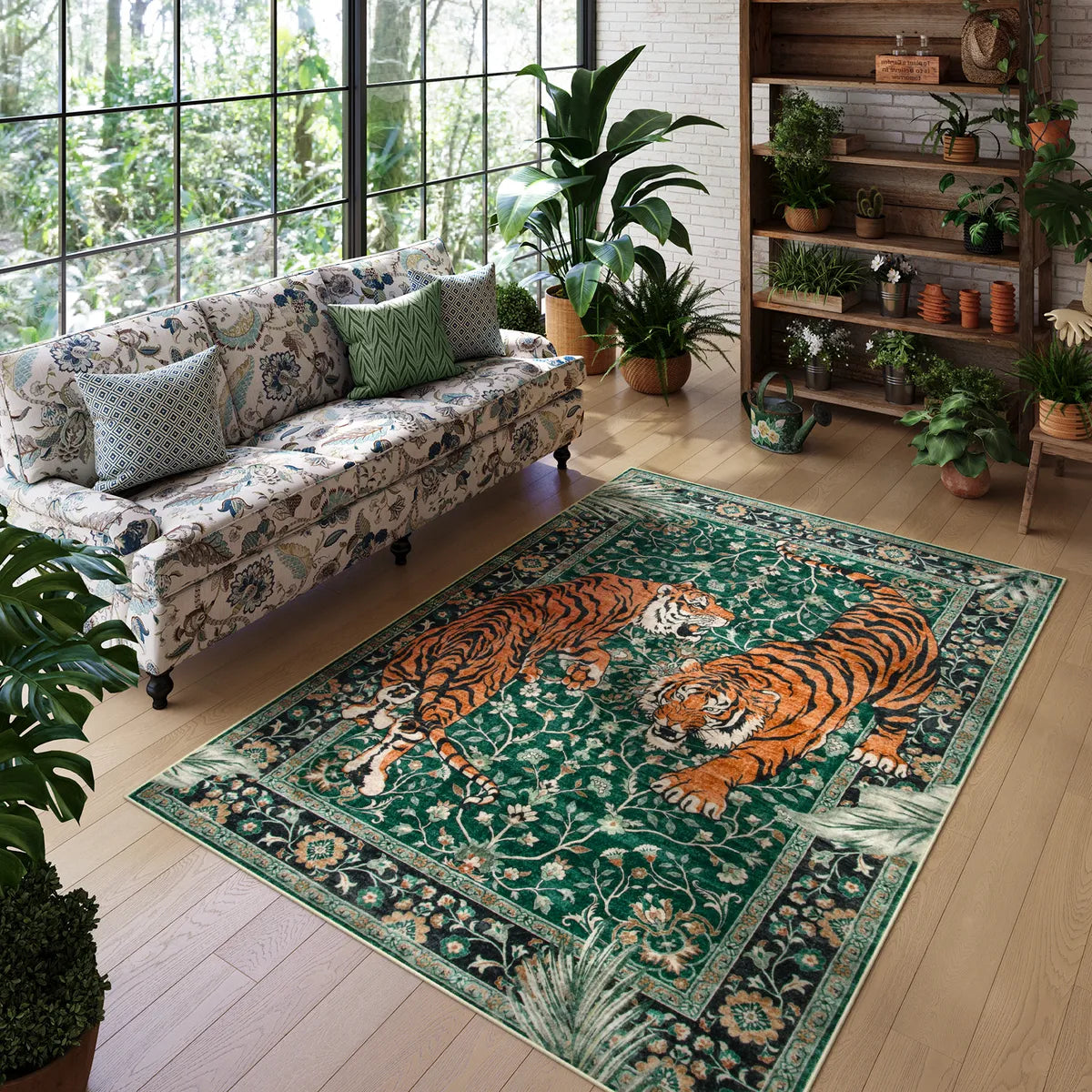 Rava Washable Wild Tiger Green Rug Area Rugs Lahome