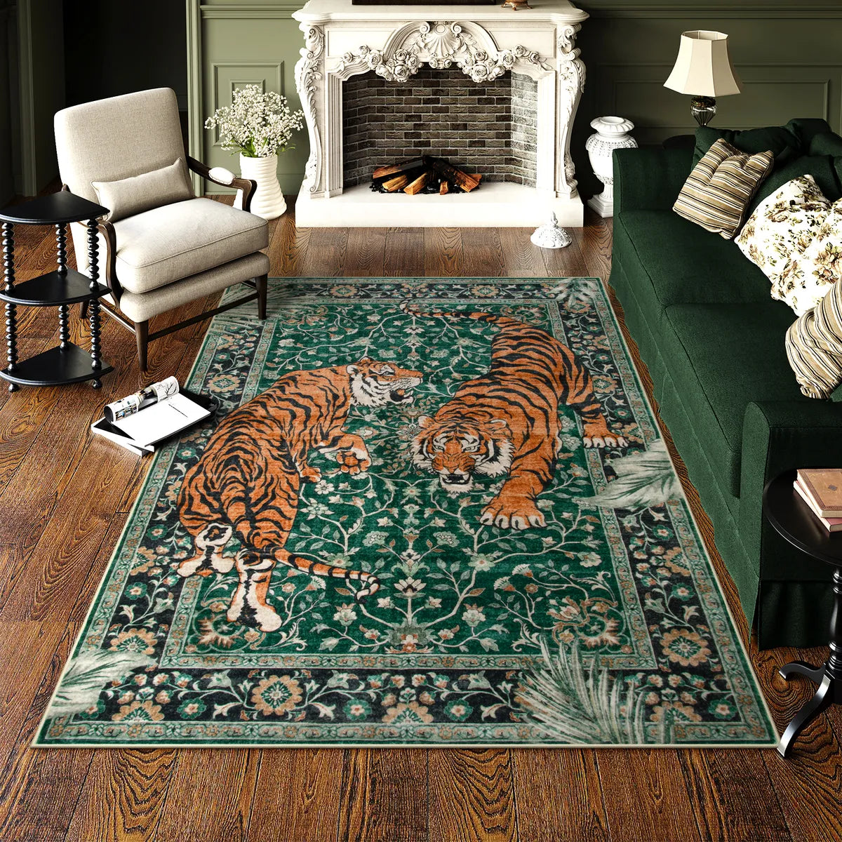 Rava Washable Wild Tiger Green Rug Area Rugs Lahome 5' x 7'
