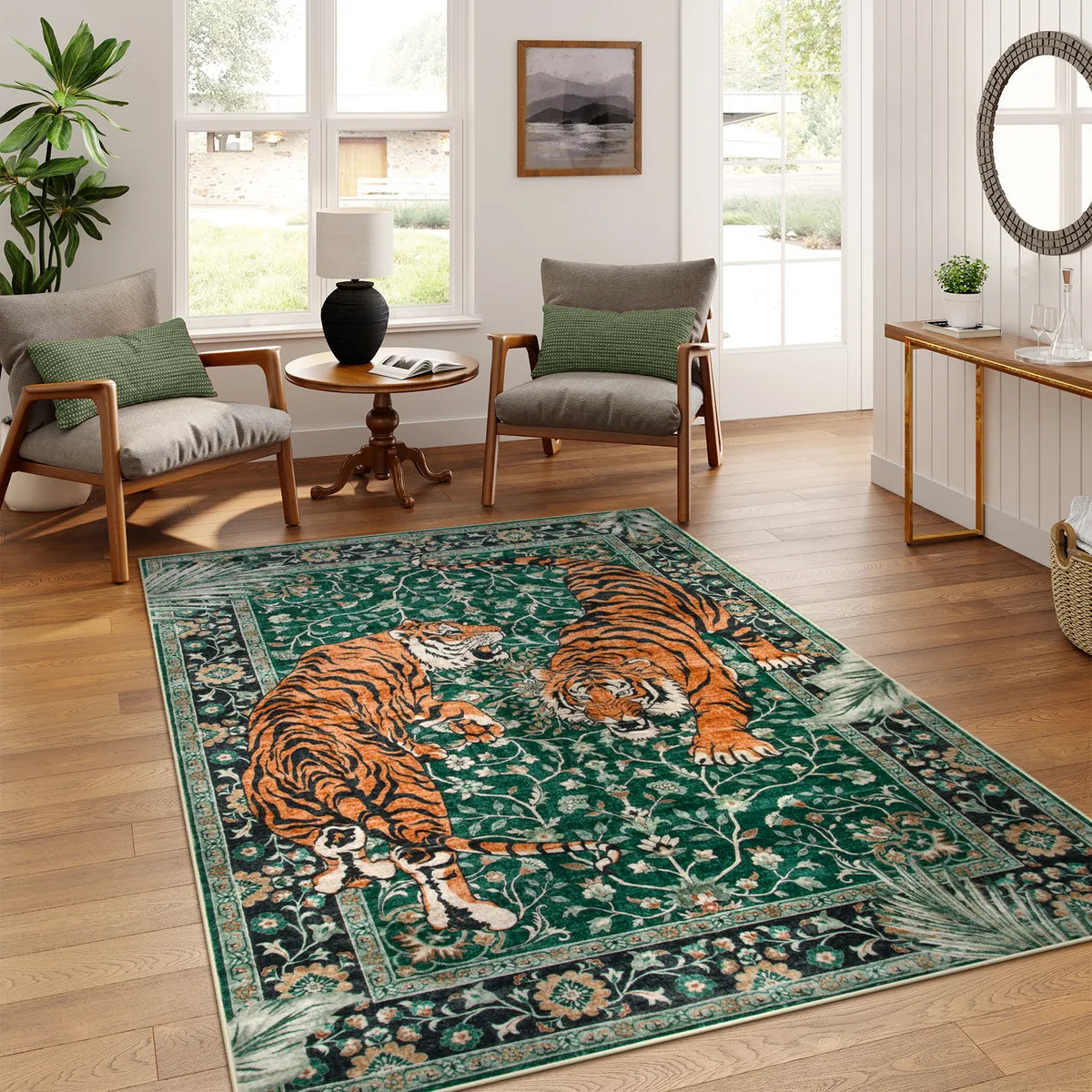 Rava Washable Wild Tiger Green Rug Area Rugs Lahome