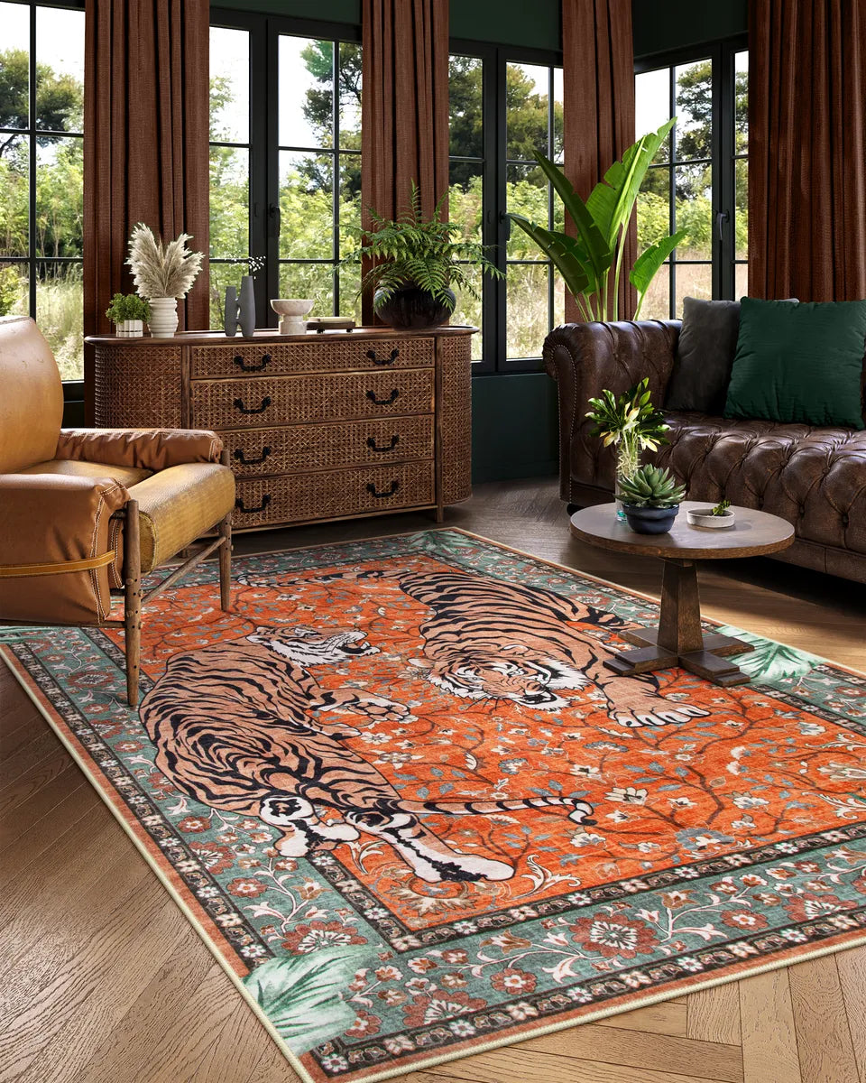 Rava Washable Wild Tiger Red Rug Area Rugs Lahome