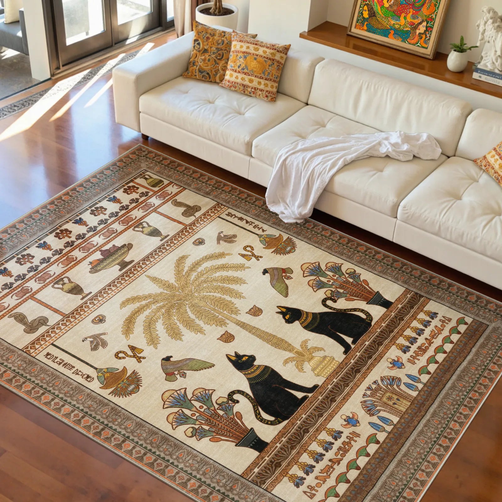 Ravin Washable Ancient Egyptian Revival Cat Beige Rug Area Rugs Lahome
