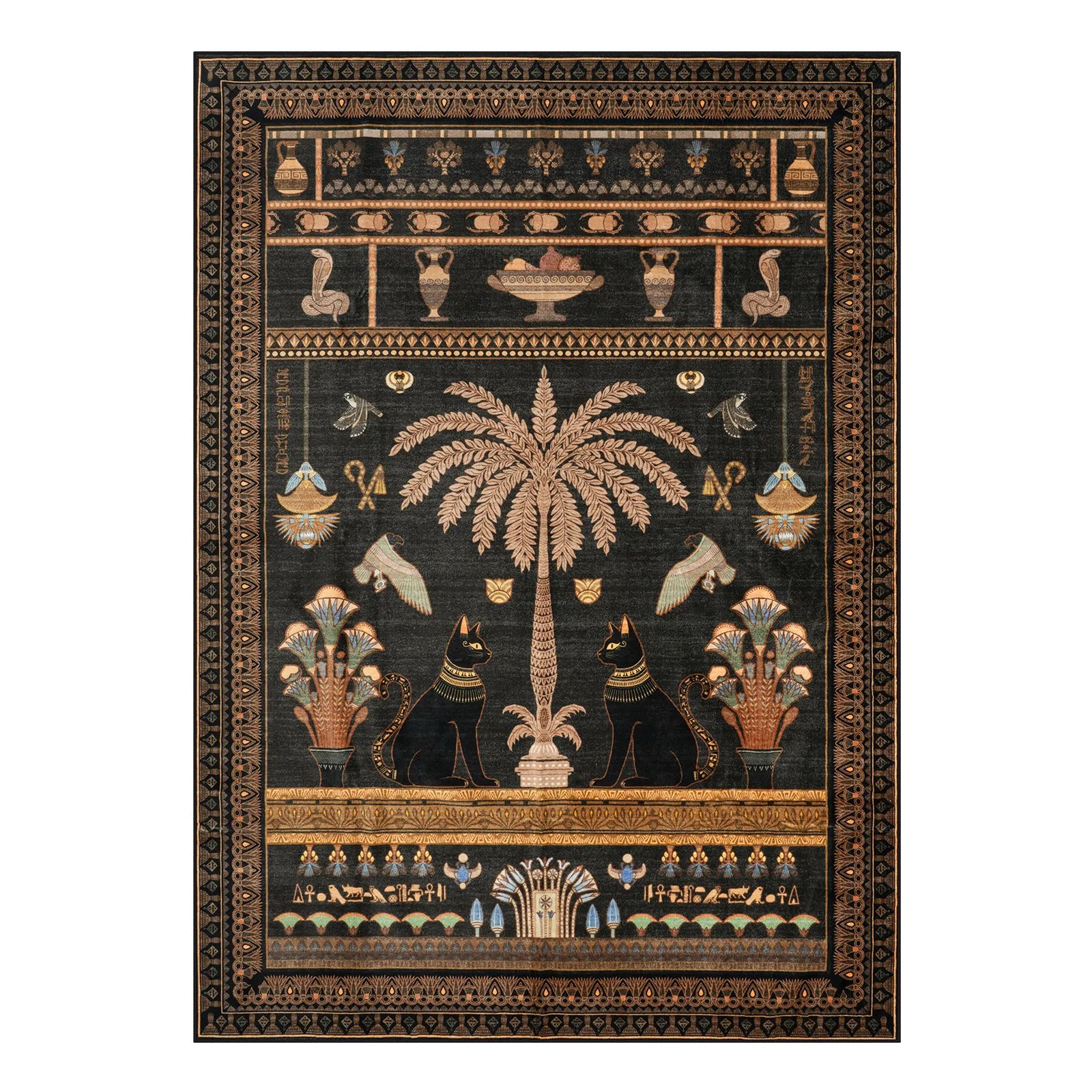 Ravin Washable Ancient Egyptian Revival Cat Black Rug Area Rugs Lahome