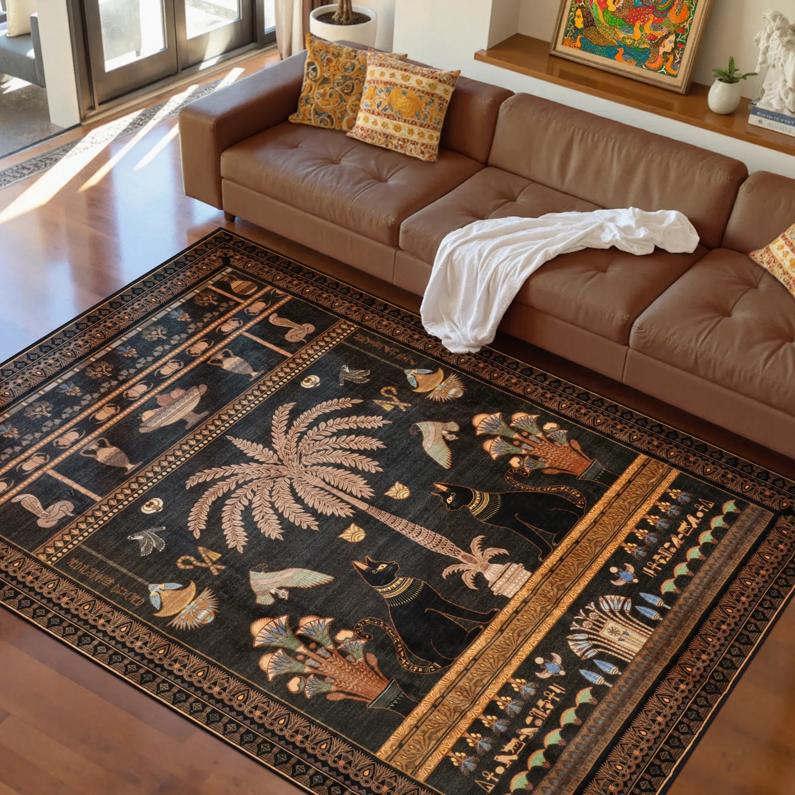 Ravin Washable Ancient Egyptian Revival Cat Black Rug Area Rugs Lahome