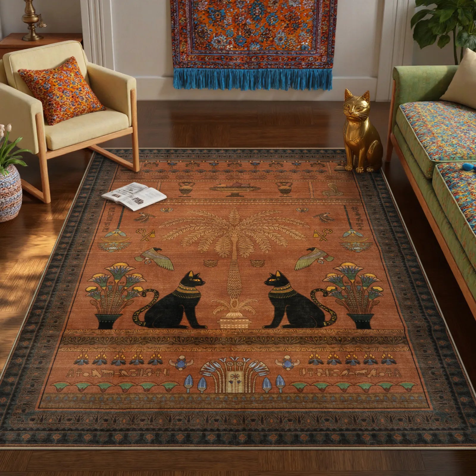 Ravin Washable Ancient Egyptian Revival Cat Red Rug Area Rugs Lahome 5' x 7'