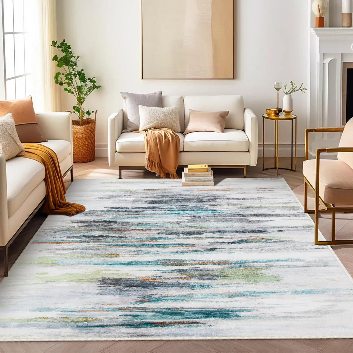 Ripple Washable Abstract Washable Green Rug Rugs Lahome 5' x 7'