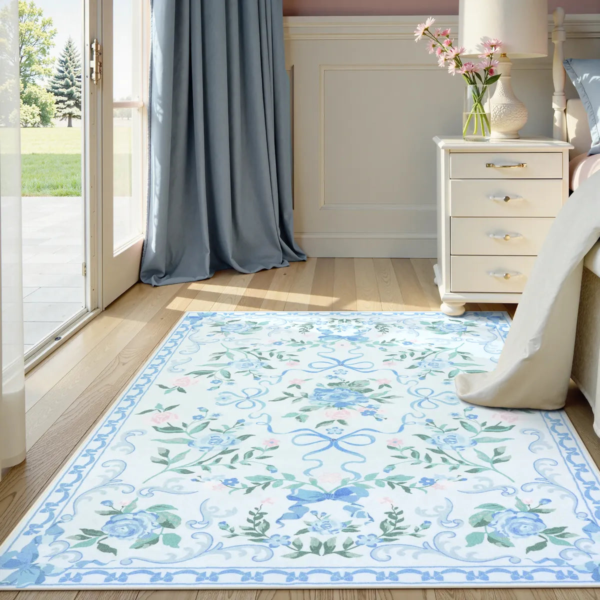 Rosabel Washable Floral Bows Blue Rug Area Rugs Lahome
