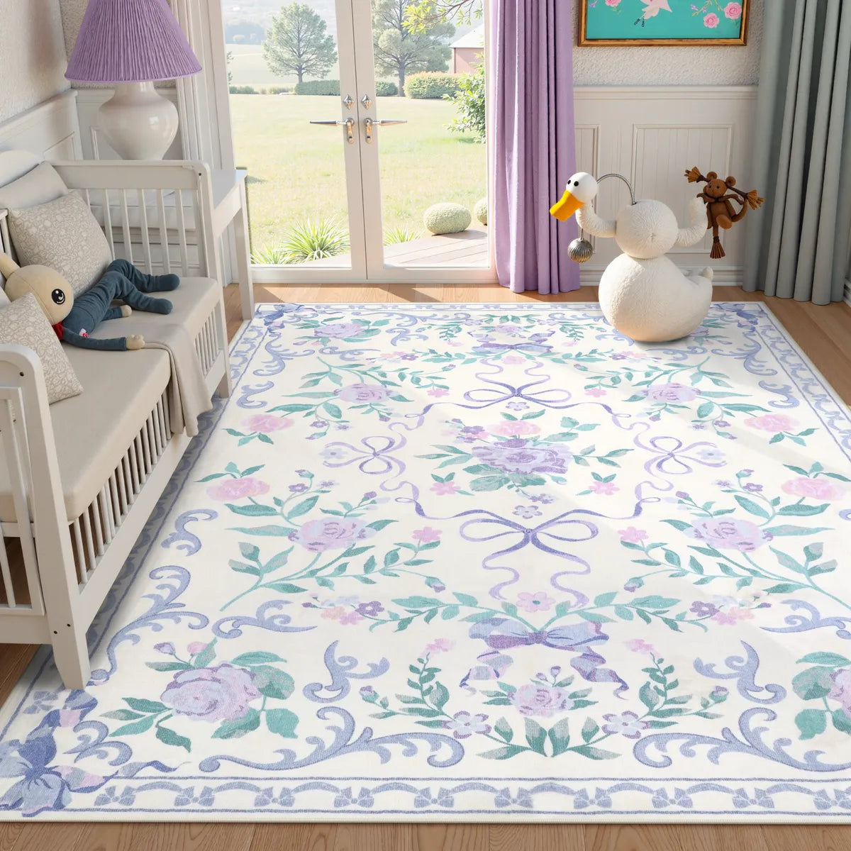 Rosabel Washable Floral Bows purple Rug Area Rugs Lahome 5' x 7'