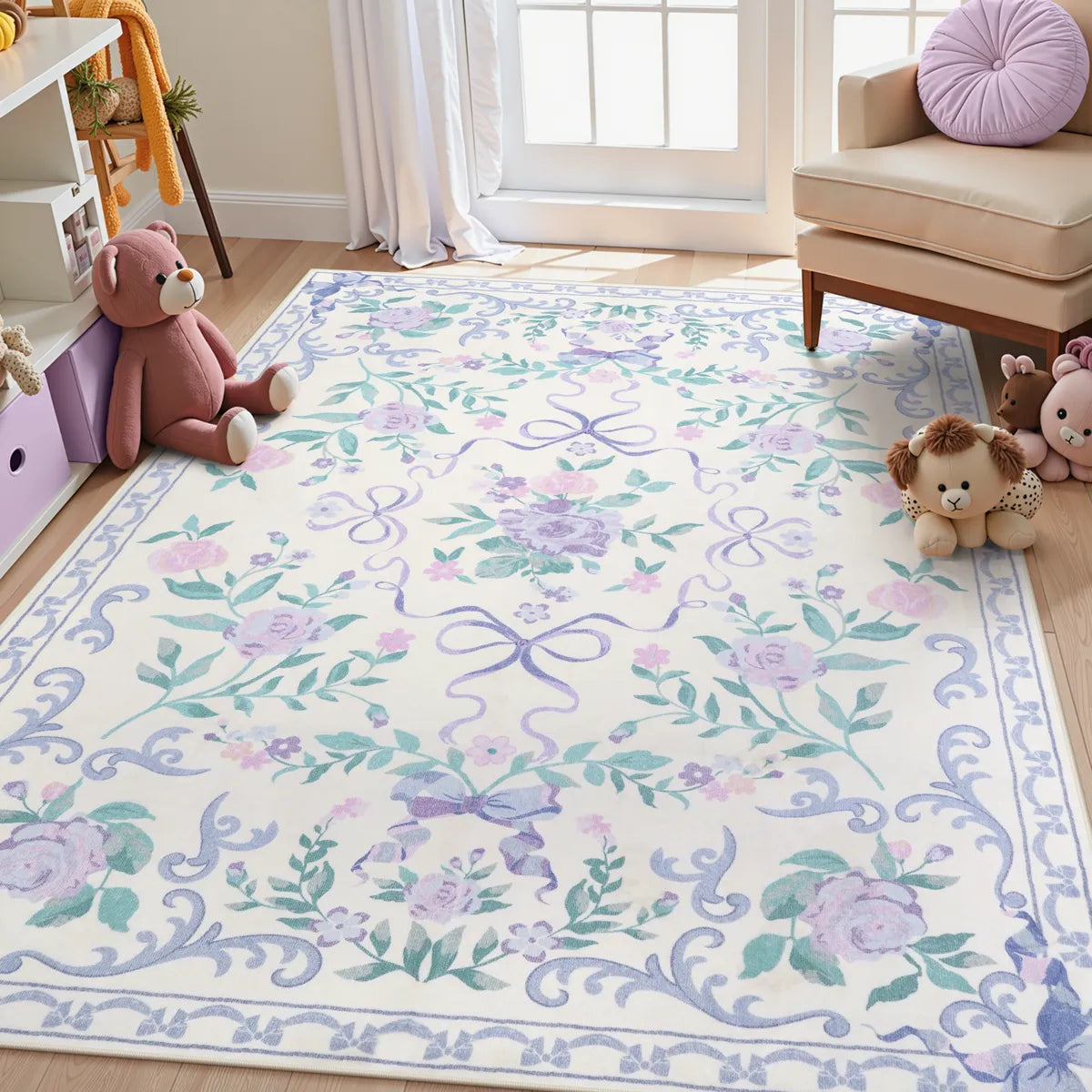 Rosabel Washable Floral Bows purple Rug Area Rugs Lahome 4' x 6'