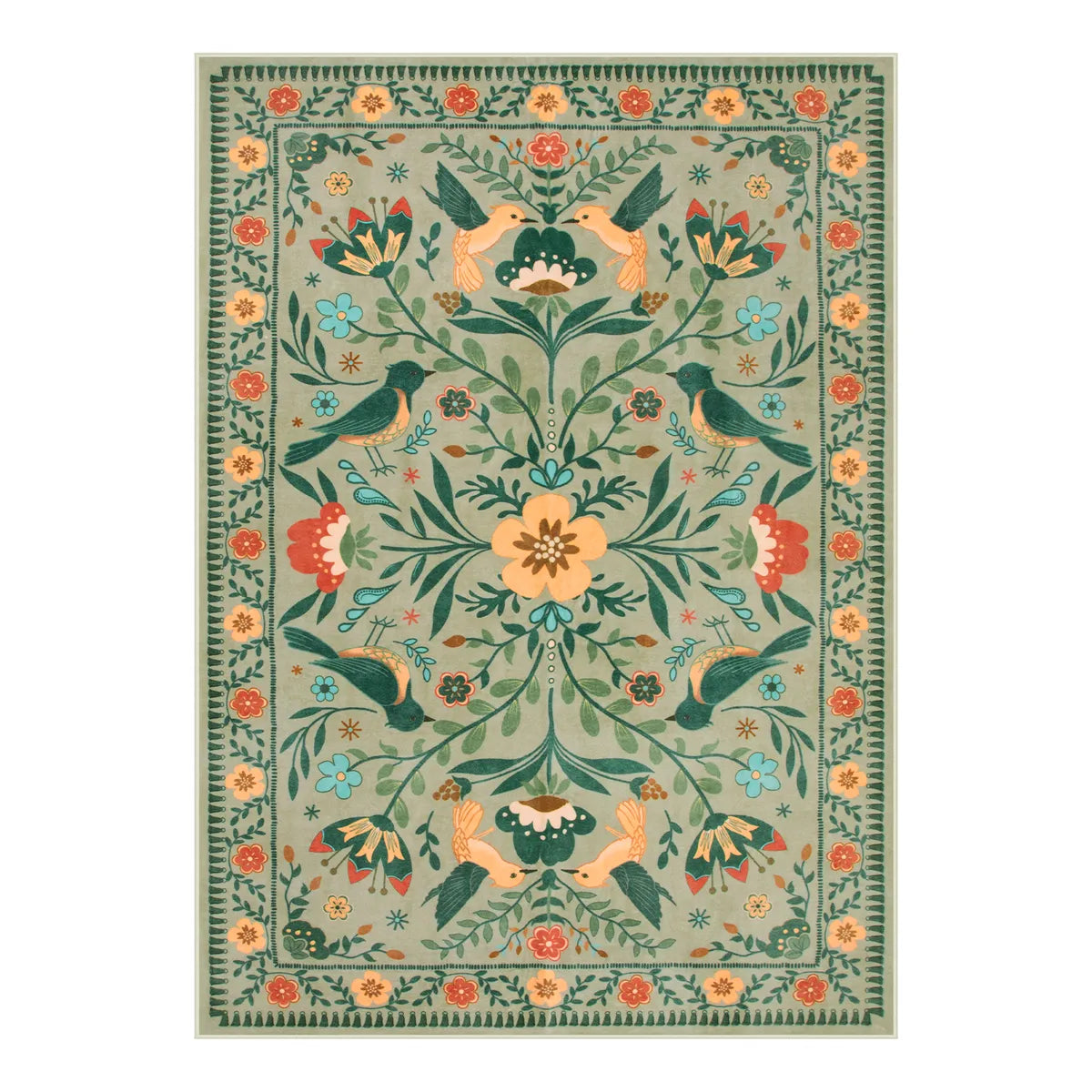 Rosalie Washable Boho Birdsong Floral Garden Light Green Rug - Lahome