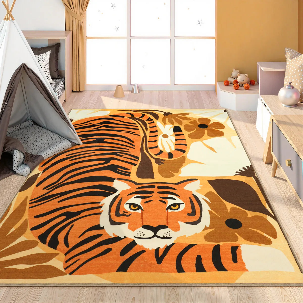 Roza Washable Playful Tiger Orange kids Rug Area Rugs Lahome 5' x 7'