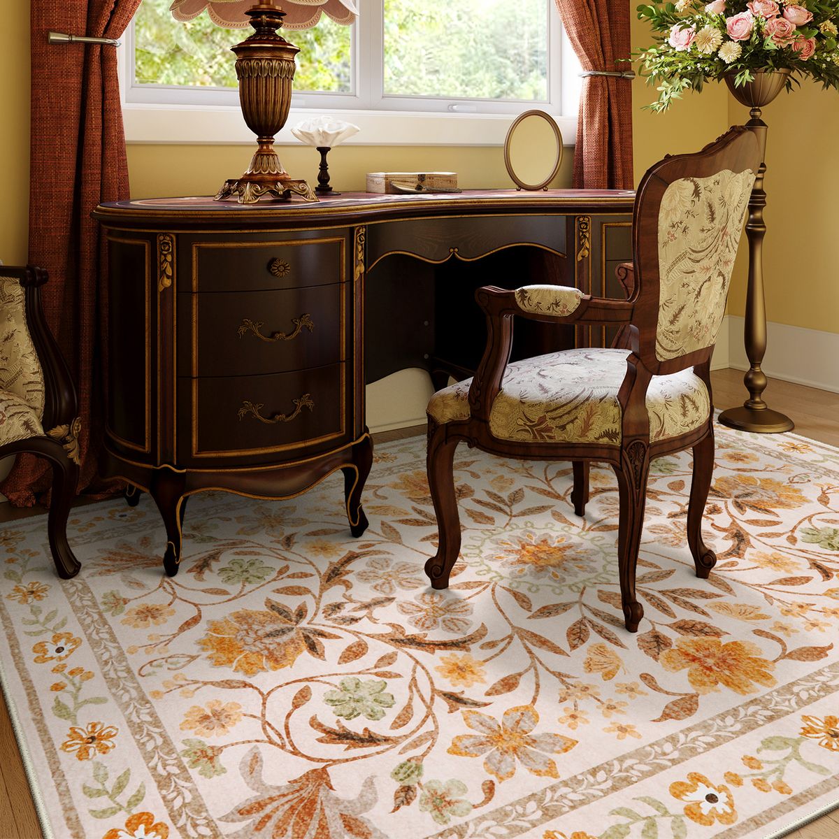 Stacy Washable Floral Vintage Botanical Ocher Rug Area Rugs Lahome 5' x 7'