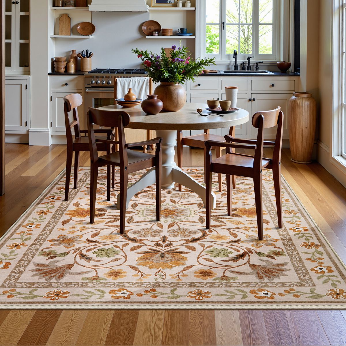 Stacy Washable Floral Vintage Botanical Ocher Rug Area Rugs Lahome