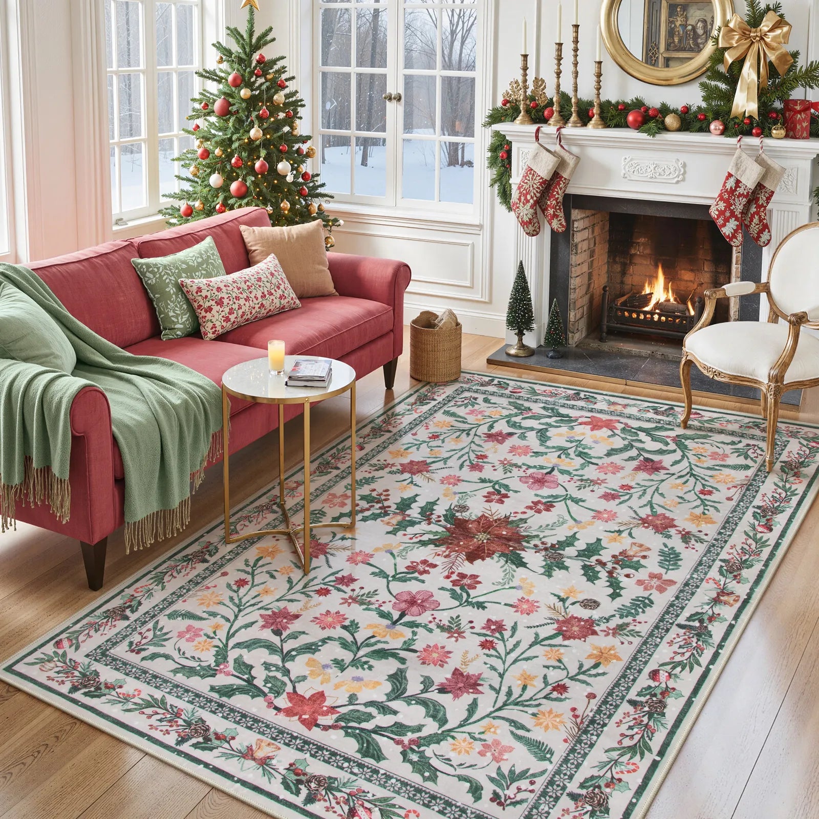 Sylvie Christmas Washable Boho Modern Parisian Garden Floral Ivory Rug Area Rugs Lahome