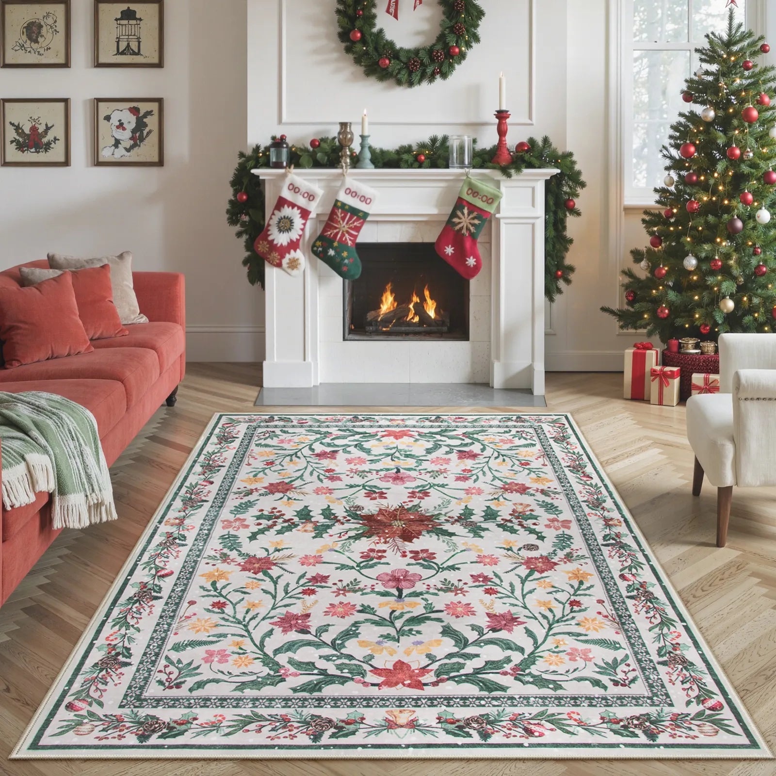 Sylvie Christmas Washable Boho Modern Parisian Garden Floral Ivory Rug Area Rugs Lahome 5' x 7'