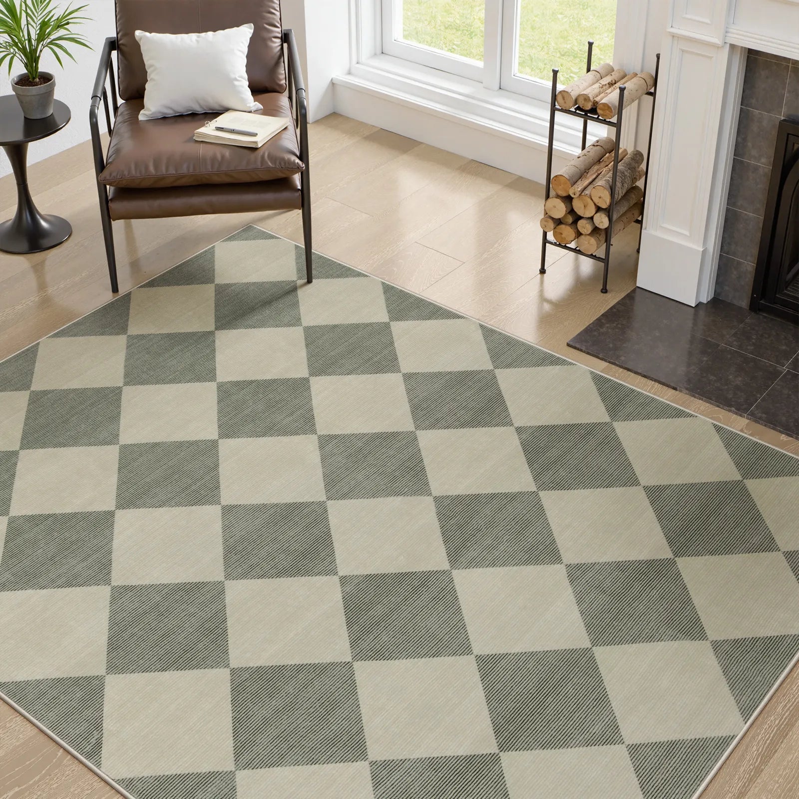 Varell Washable Modern Geometric Checkered Green Rug Rugs Lahome