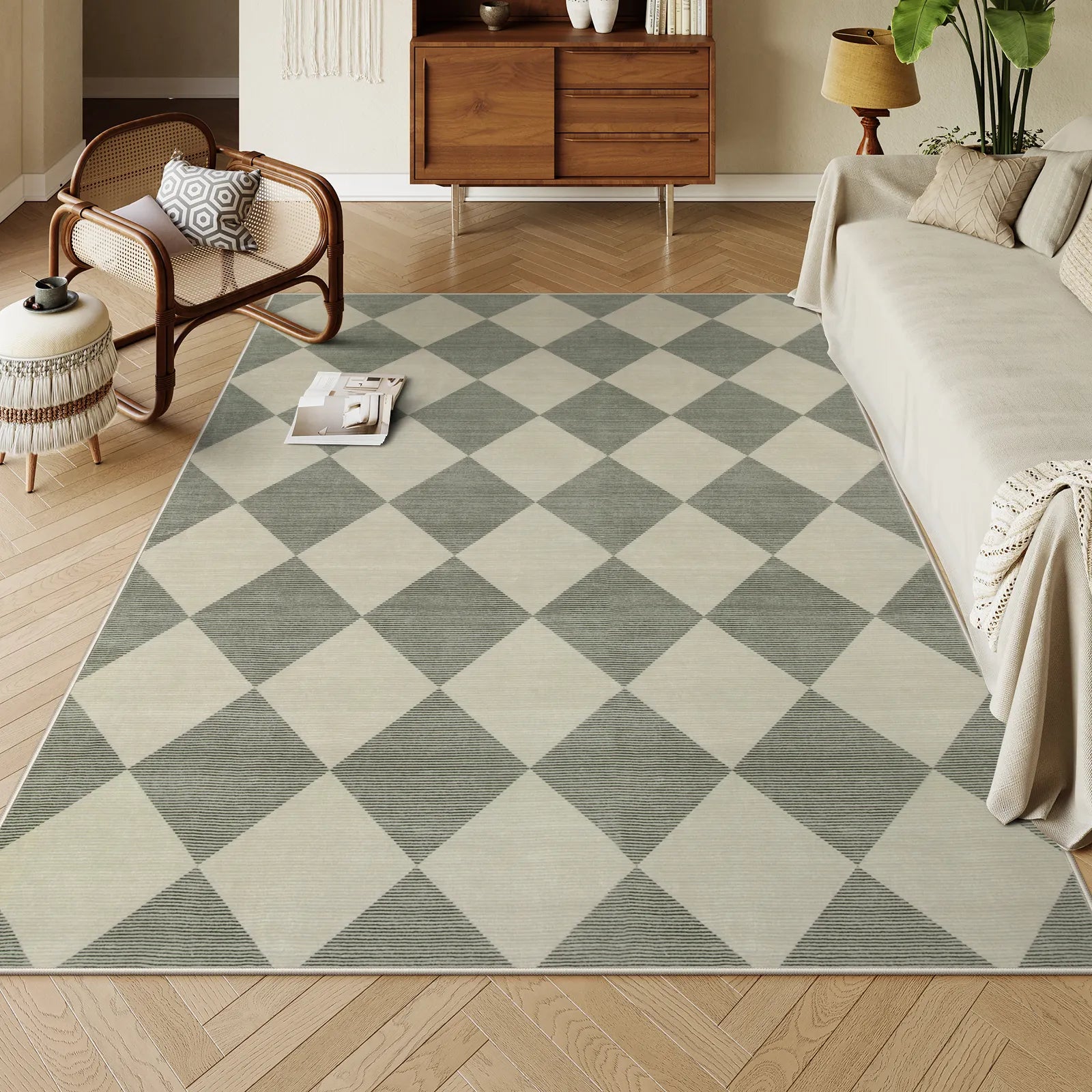 Varell Washable Modern Geometric Checkered Green Rug Rugs Lahome 5' x 7'
