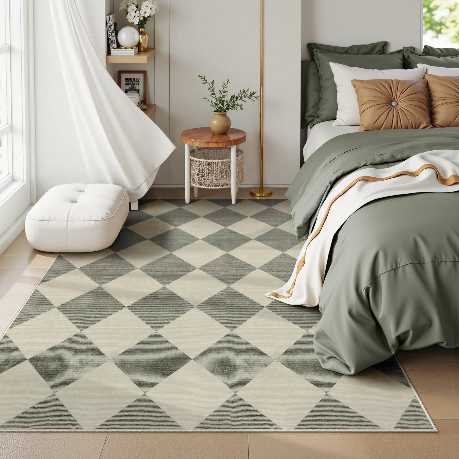 Varell Washable Modern Geometric Checkered Green Rug Rugs Lahome