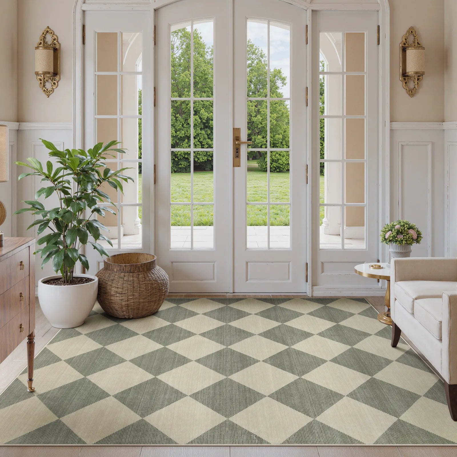 Varell Washable Modern Geometric Checkered Green Rug Rugs Lahome