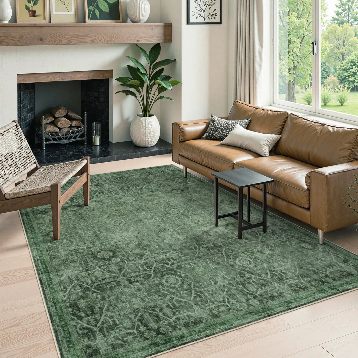 Velora Washable Vintage Dark Green Rug Area Rugs Lahome 5' x 7'