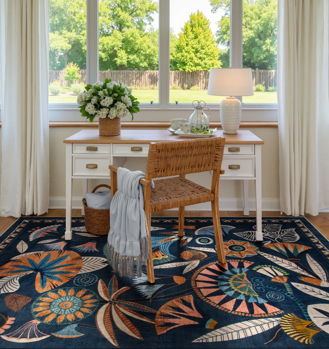 Zaya Washable Egyptian-Inspired Botanical Navy Blue Rug Rugs Lahome