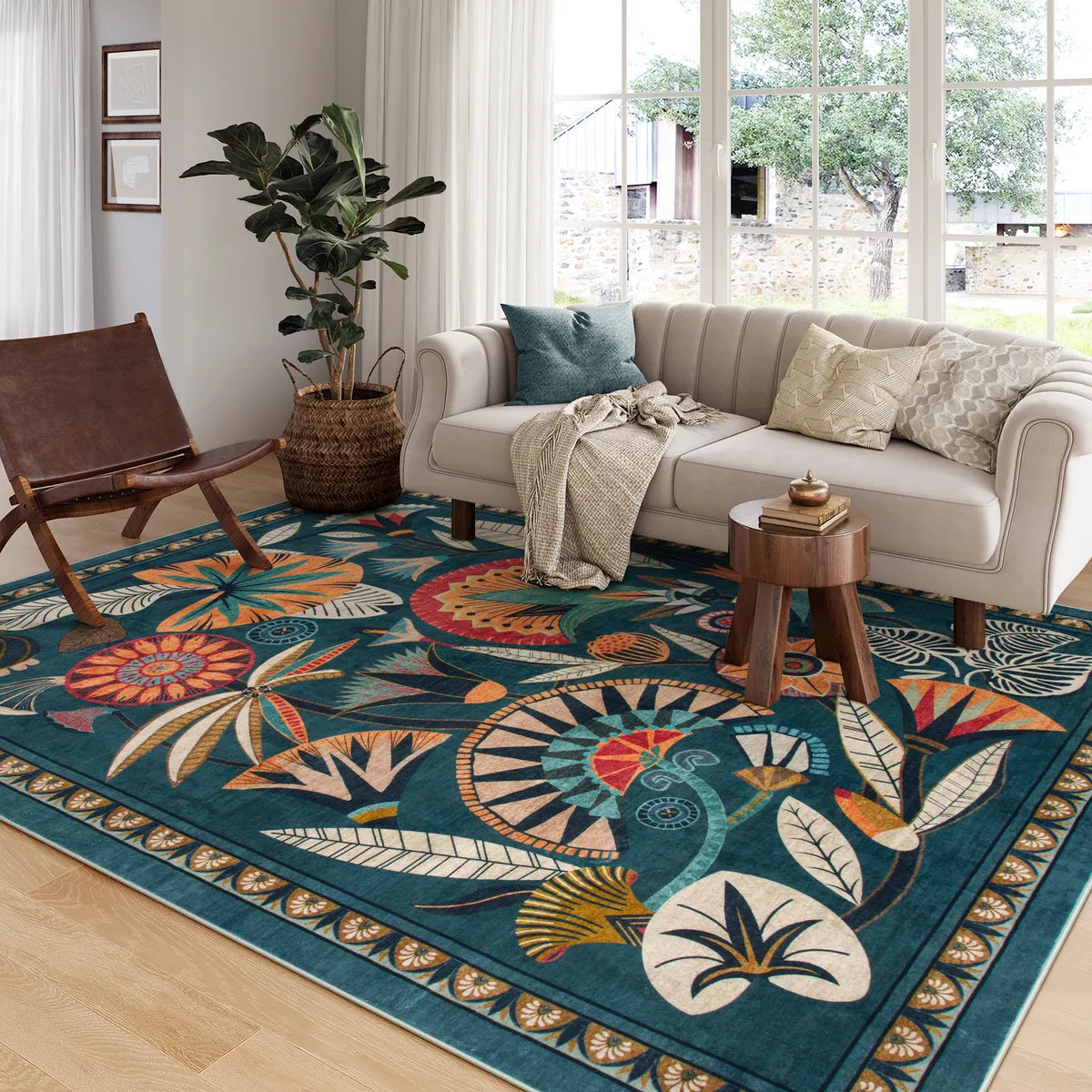 Zaya Washable Egyptian-Inspired Botanical Teal Rug Rugs Lahome 5' x 7'