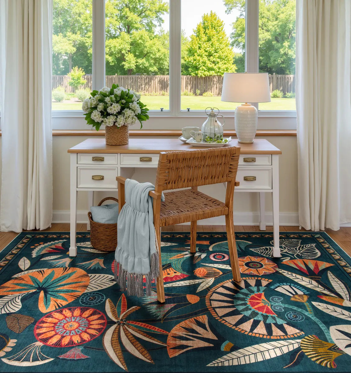 Zaya Washable Egyptian-Inspired Botanical Teal Blue Rug Rugs Lahome