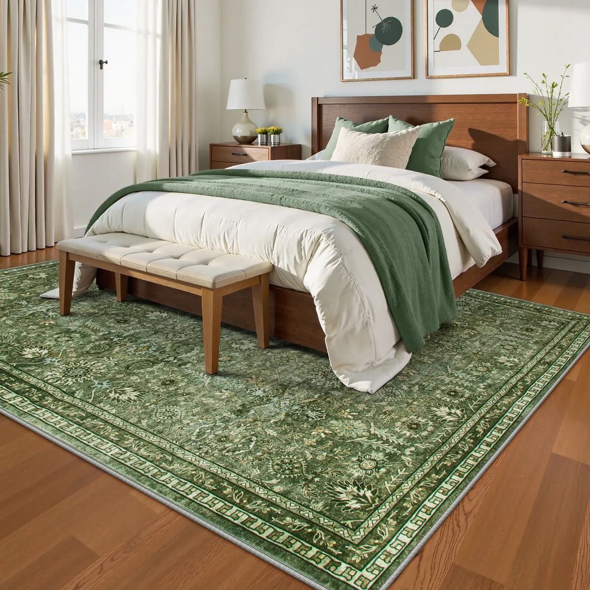Mirae Washable Vintage Persian Moss Green Rug Area Rugs Lahome 5' x 7'