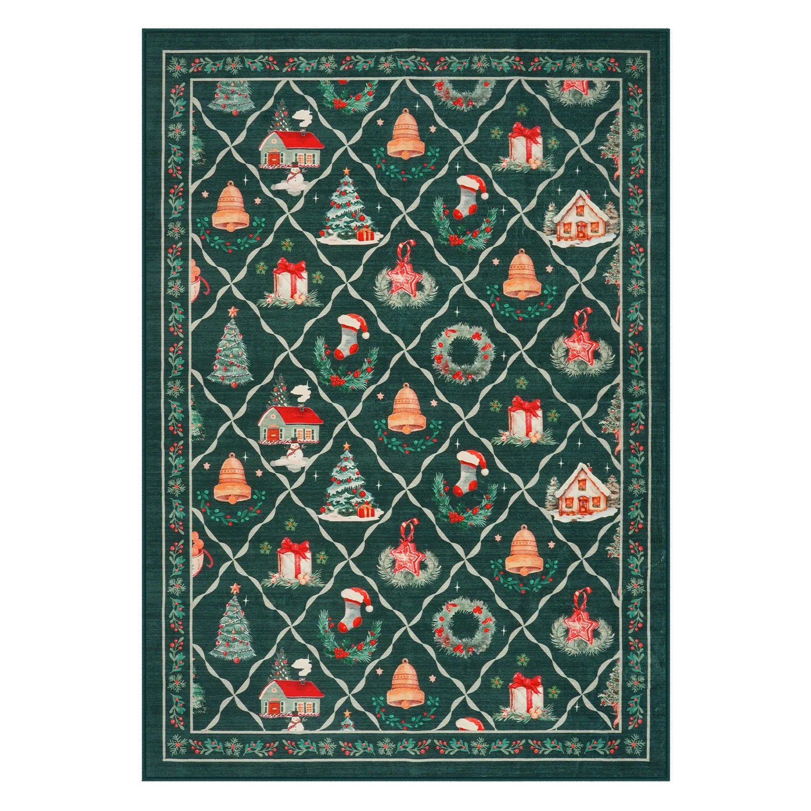 Ondule Christmas Washable Wreath Tree Plaid Ivory Green Rug Area Rugs Lahome