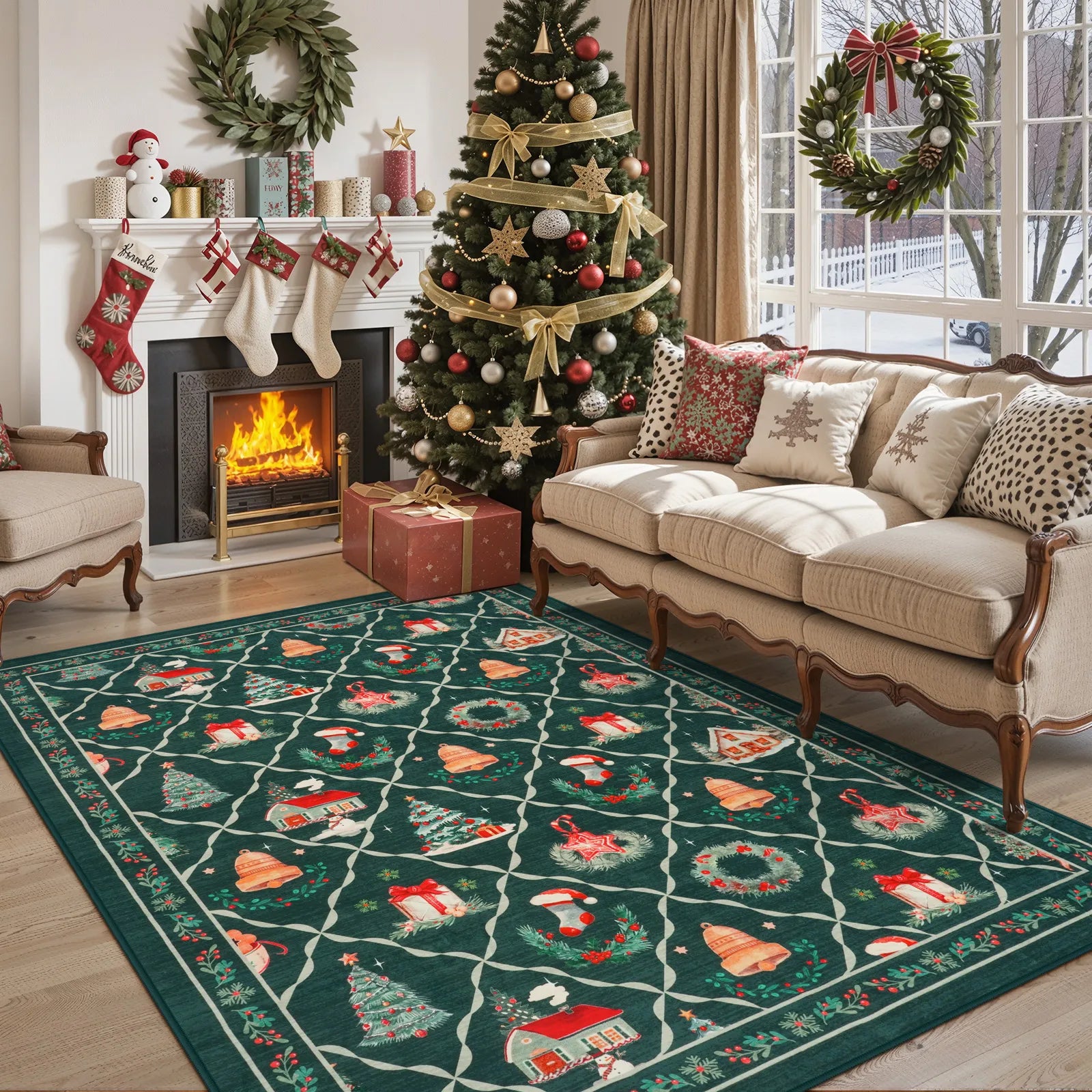 Ondule Christmas Washable Wreath Tree Plaid Ivory Green Rug Area Rugs Lahome