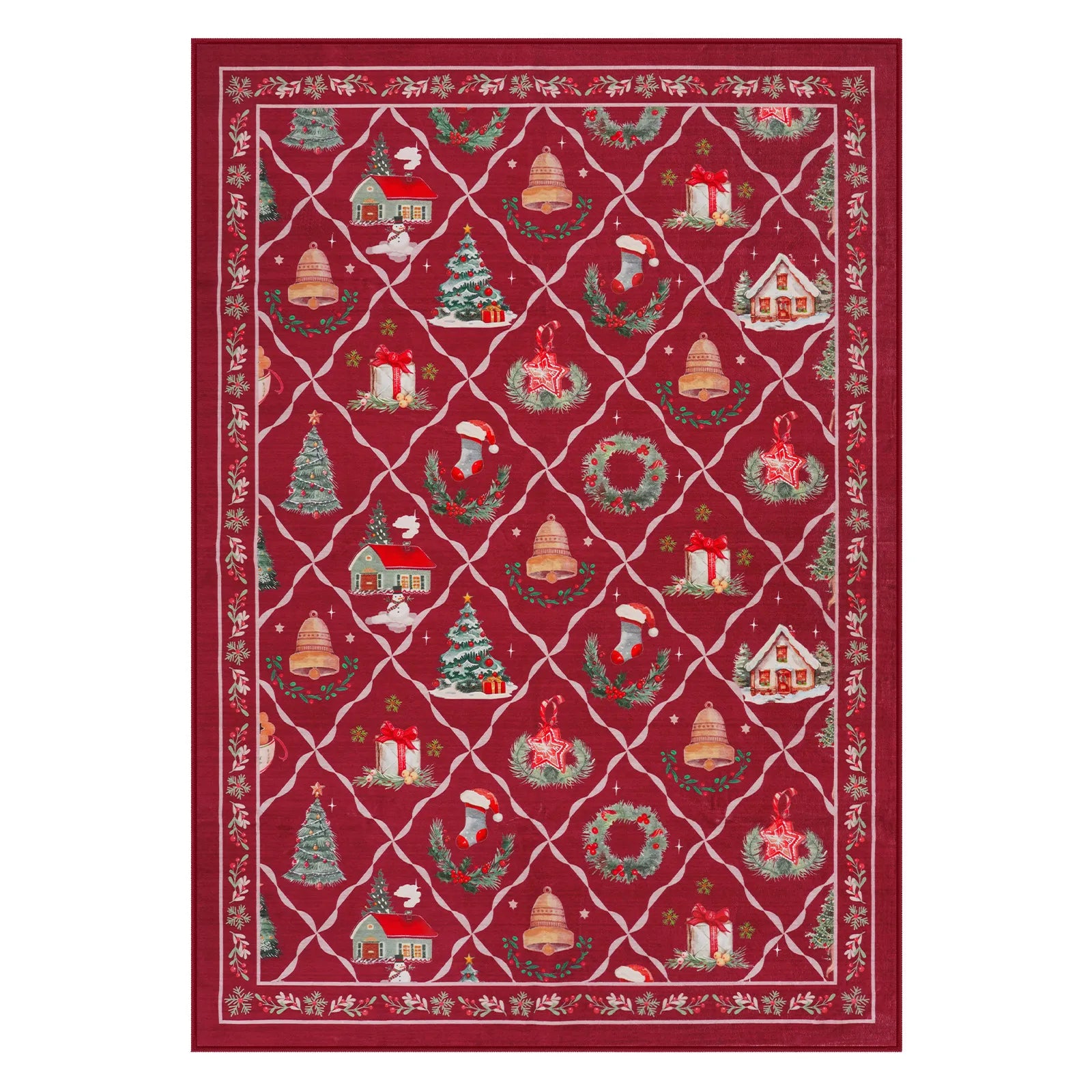 Ondule Christmas Washable Wreath Tree Plaid Ivory Red Rug Area Rugs Lahome