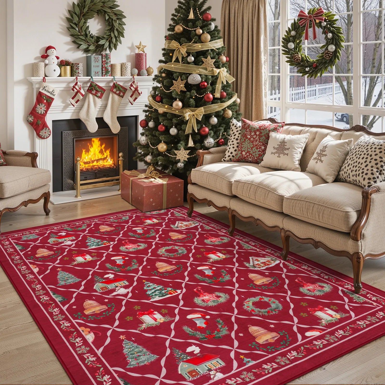 Ondule Christmas Washable Wreath Tree Plaid Ivory Red Rug Area Rugs Lahome