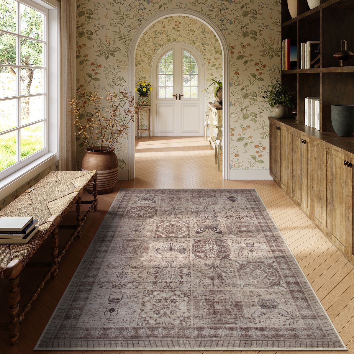 Zoe Washable Neutral Textured Vintage Insect Rose Gold Rug Area Rugs Lahome