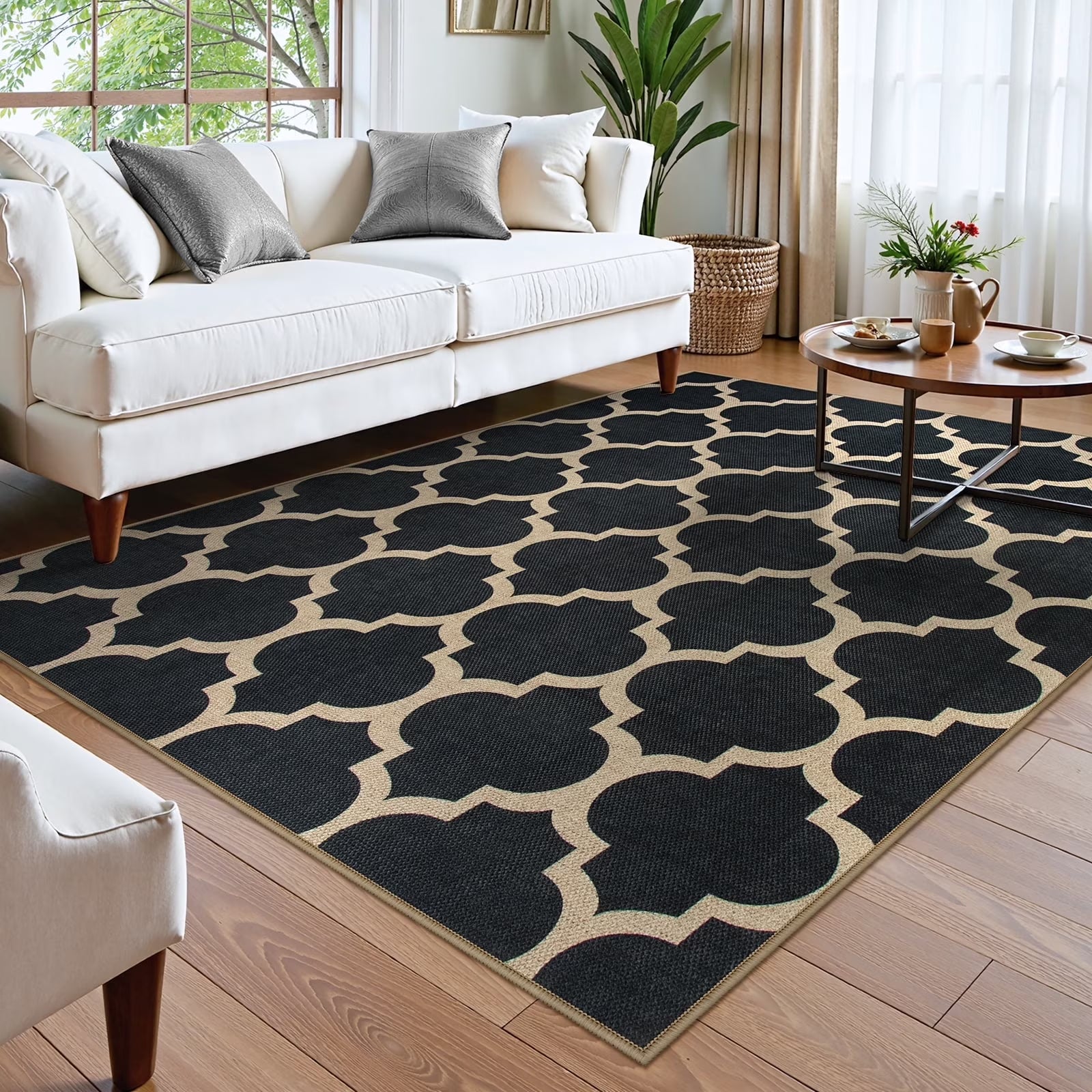 SUNDEREY Moroccan Geometric Area Rug, Washable Bedroom Rug,Easy Jute Indoor Outdoor Carpet, Farmhouse Checkered Non Slip Black Carpet for Office Couch Entrance Kitchen Walmart Walmart 5' x 7' Black/Colette