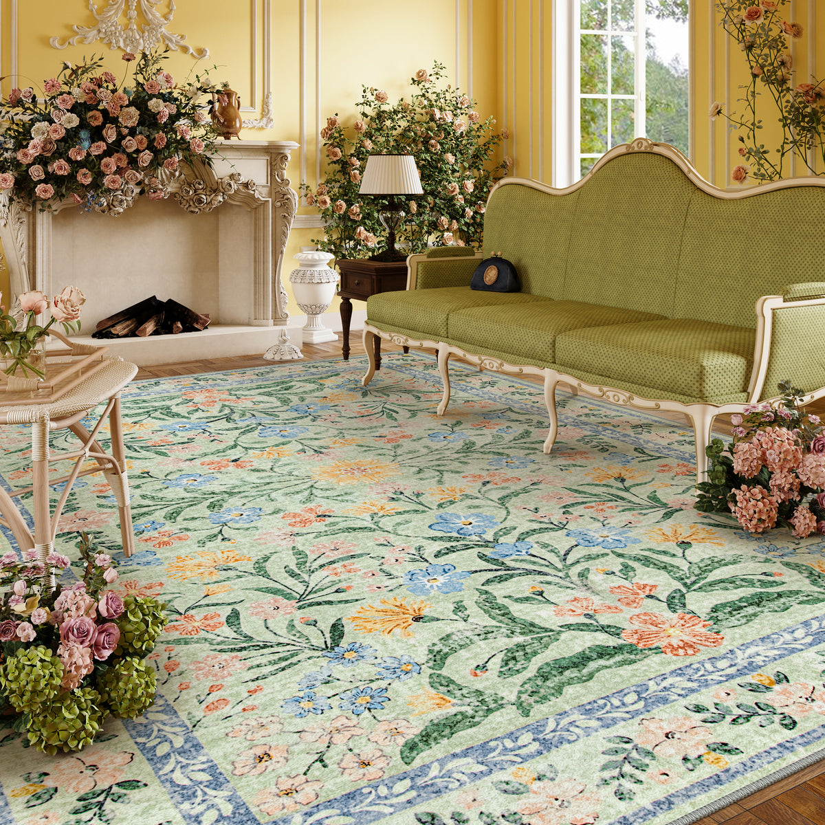 Washable Green Floral Rug | Sylvie French Vintage Style - Lahome