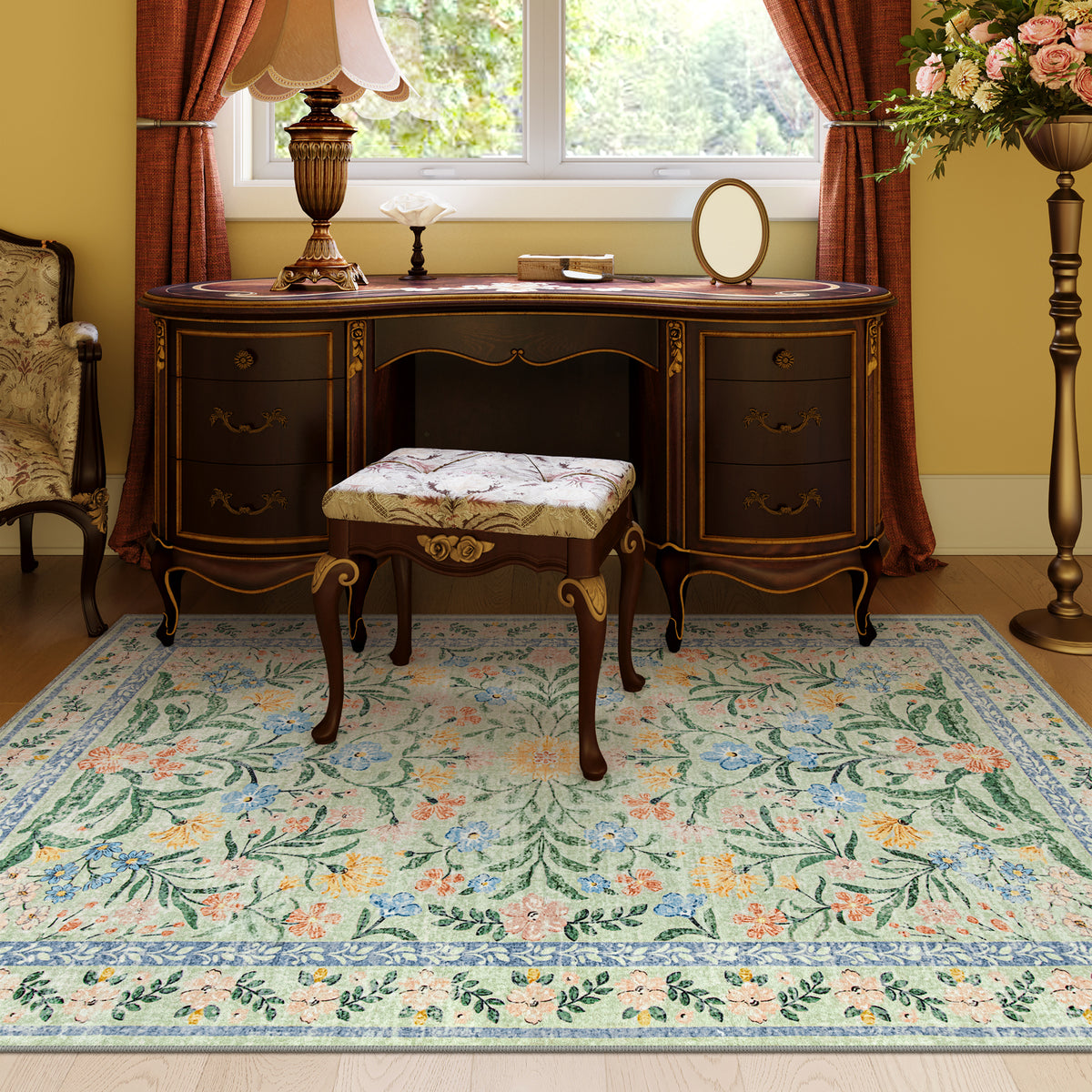Sylvie Boho Modern Parisian Garden Green Floral Area Rug - Lahome