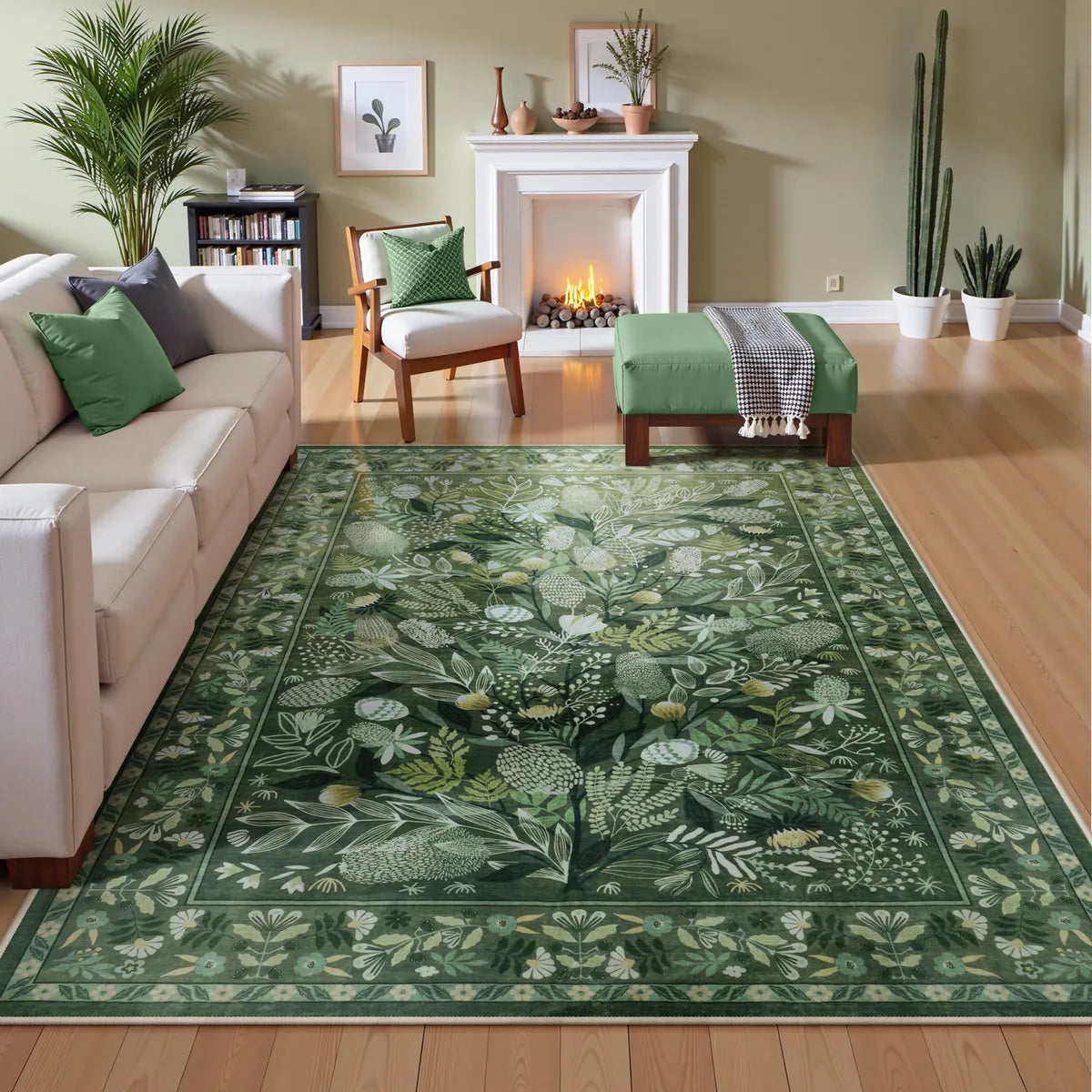 Alma Washable Modern Natural Botanical Floral Green Rug Area Rugs Lahome