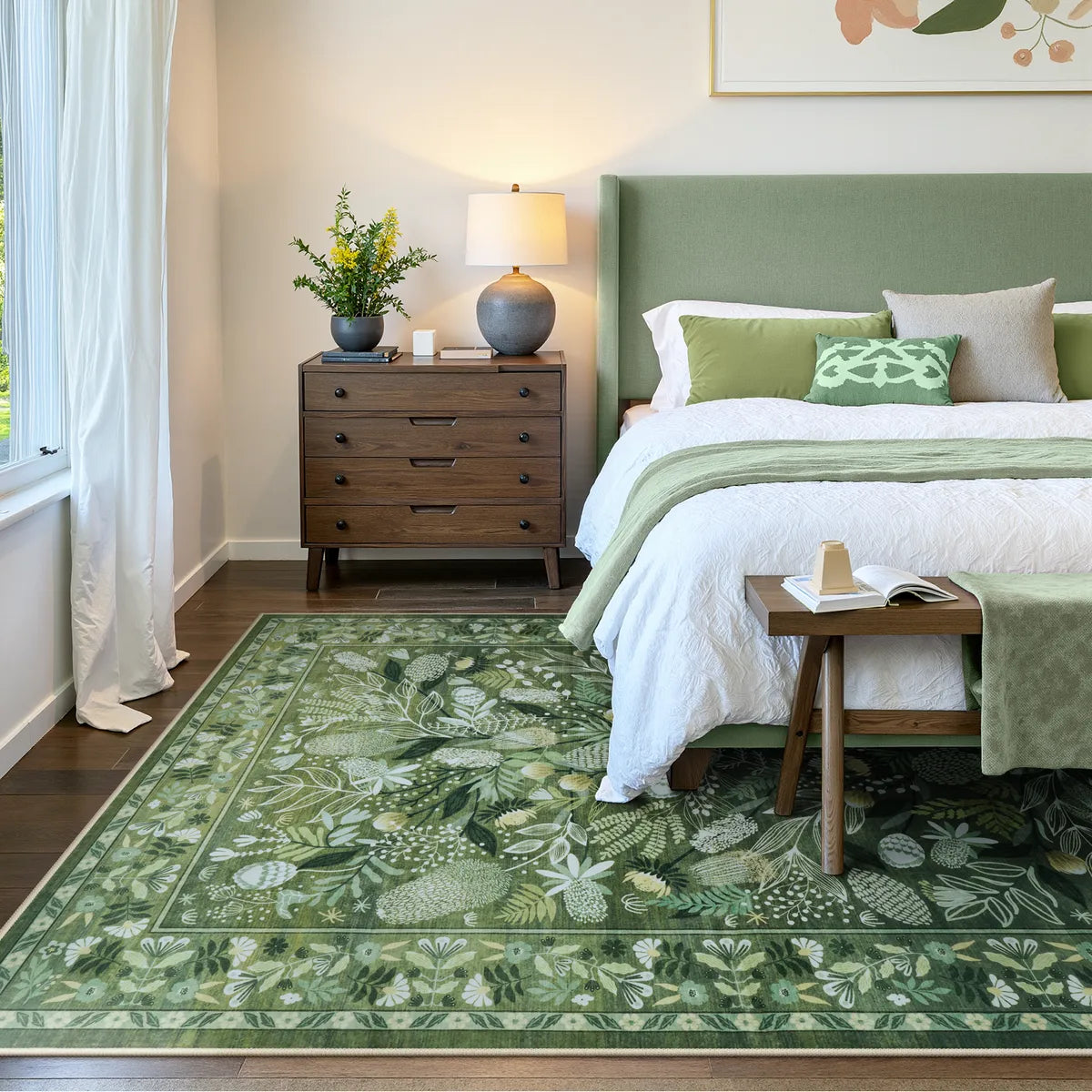 Alma Washable Modern Natural Botanical Floral Green Rug Area Rugs Lahome