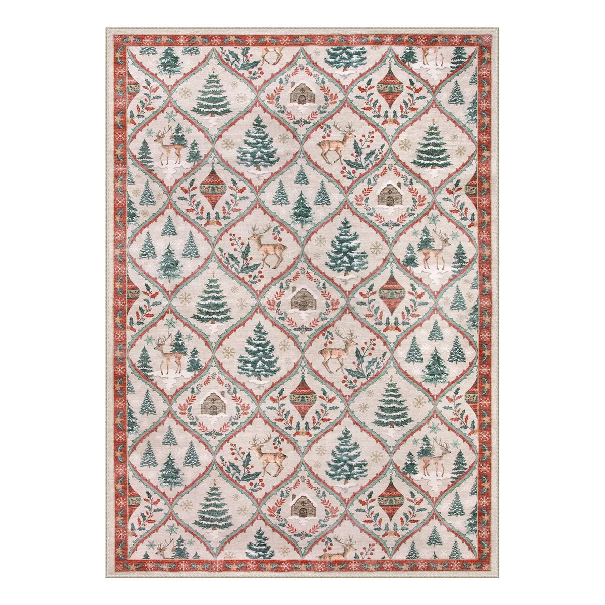 Glace Christmas Washable Tree and Reindeer Pink/Beige Rug Area Rugs Lahome