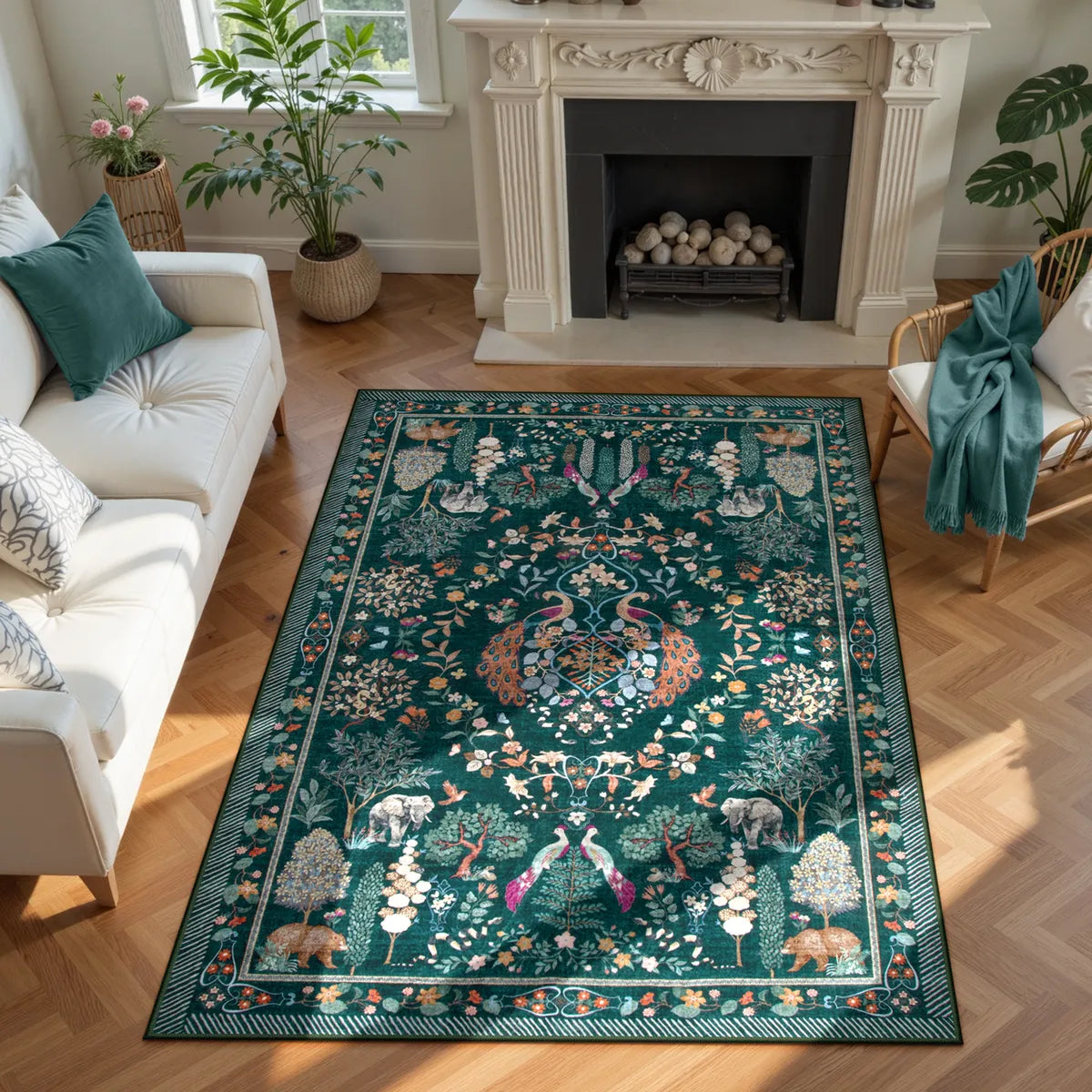 Avine Washable Bohemian Botanical Animals Green Rug Rugs Lahome 5' x 7'