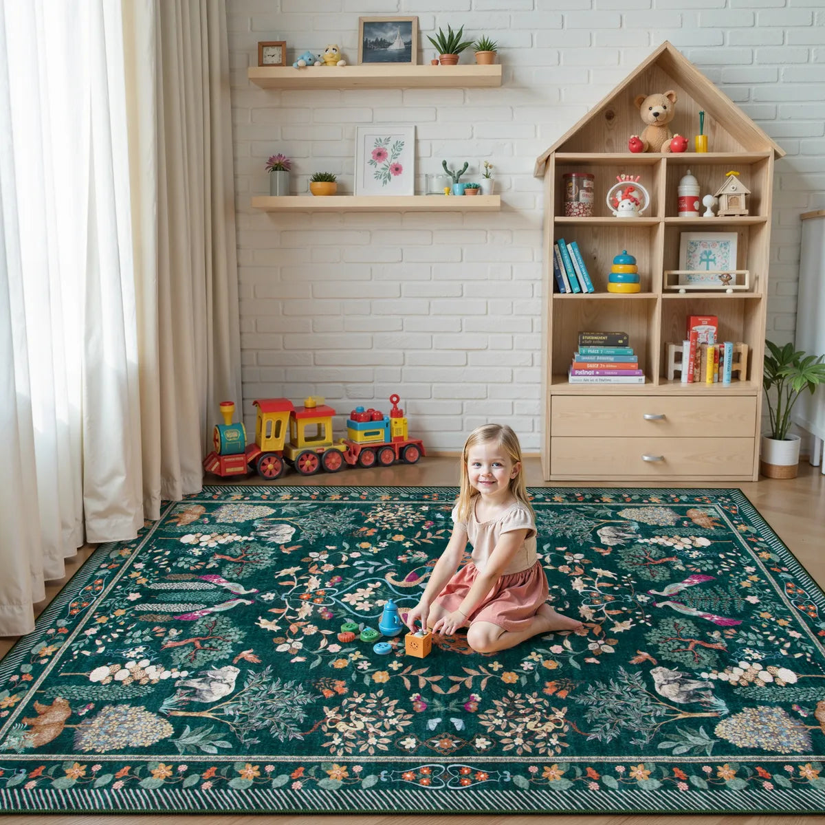 Avine Washable Bohemian Botanical Animals Green Rug Rugs Lahome