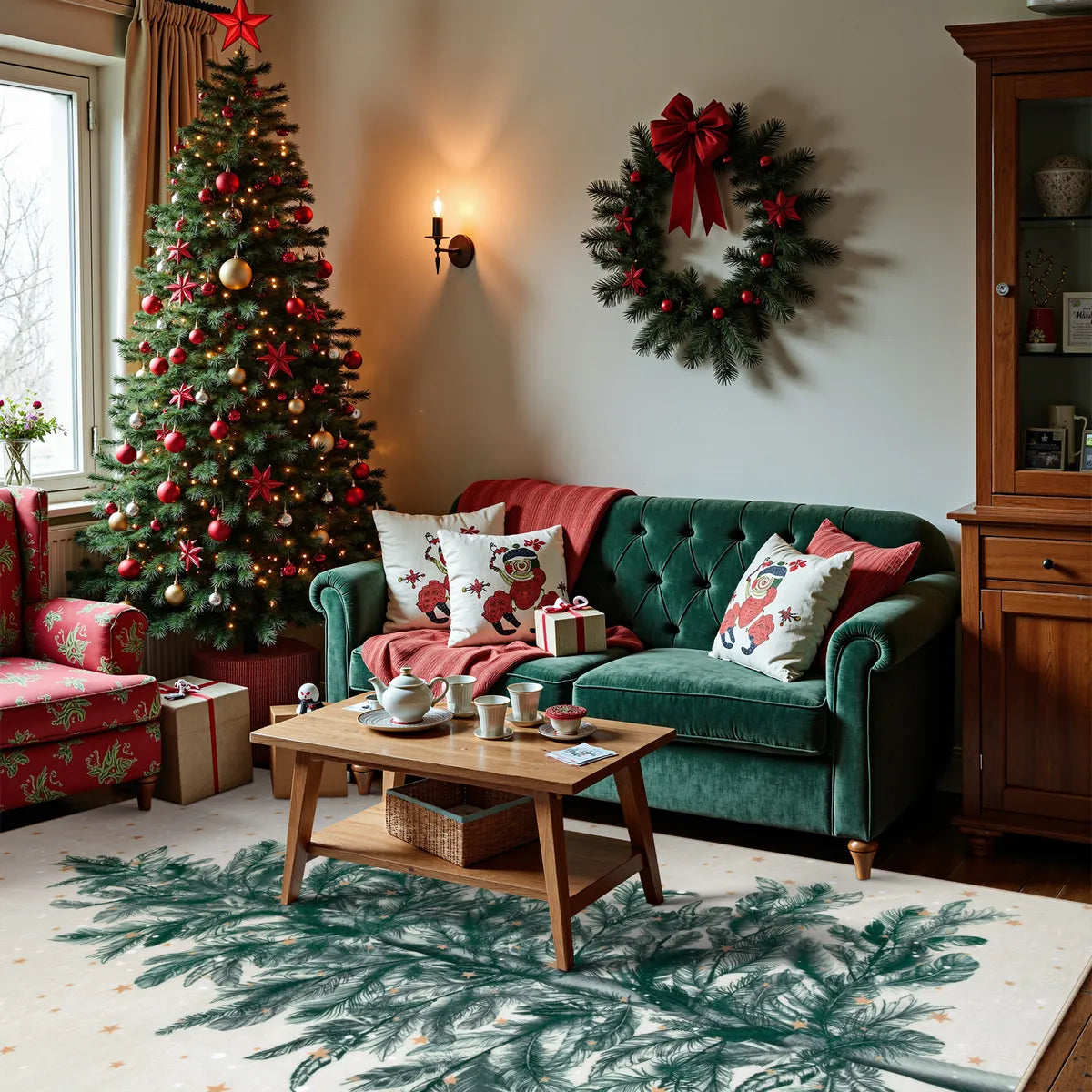 Christmas Washable Tree and Snowflake Beige Rug Area Rugs Lahome