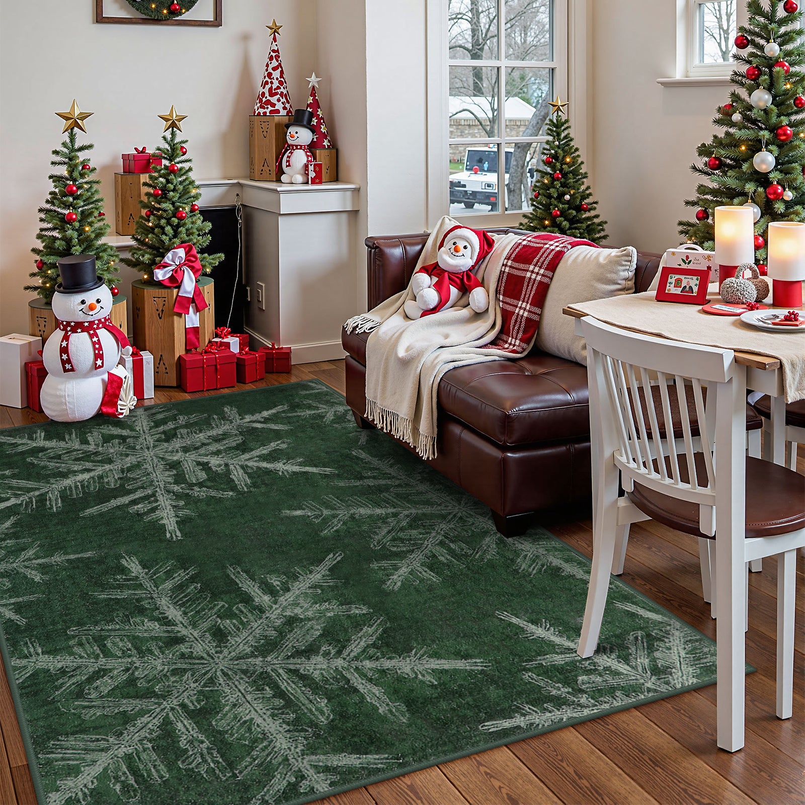 Christmas Washable Crystal Snowflake Green Rug Area Rugs Lahome 5' x 7'