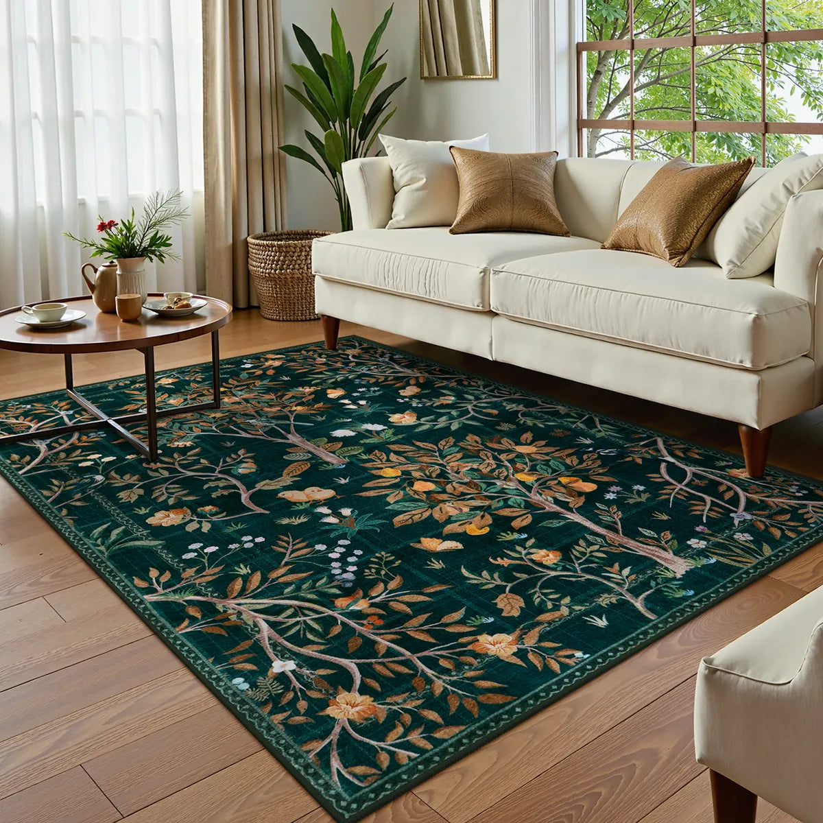 Elowen Washable Boho Forest Botanical Dark Green Rug Rugs Lahome 5' x 7'